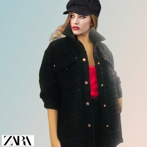 ZARA Black Boucle Tweed Overshirt Shacket Jacket Oversized Sz XS NEW w Tags